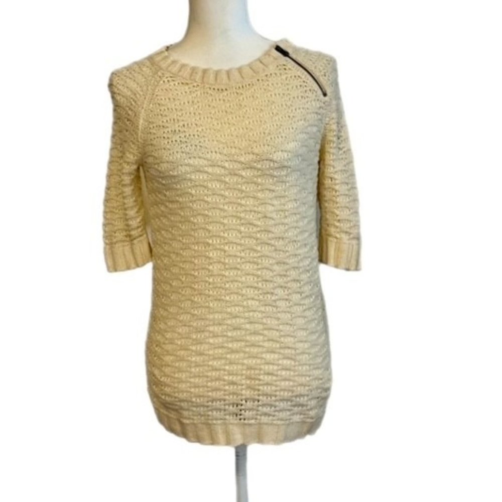 Loft Side Zip Elbow Length Sleeve Cream Open Knit Sweater